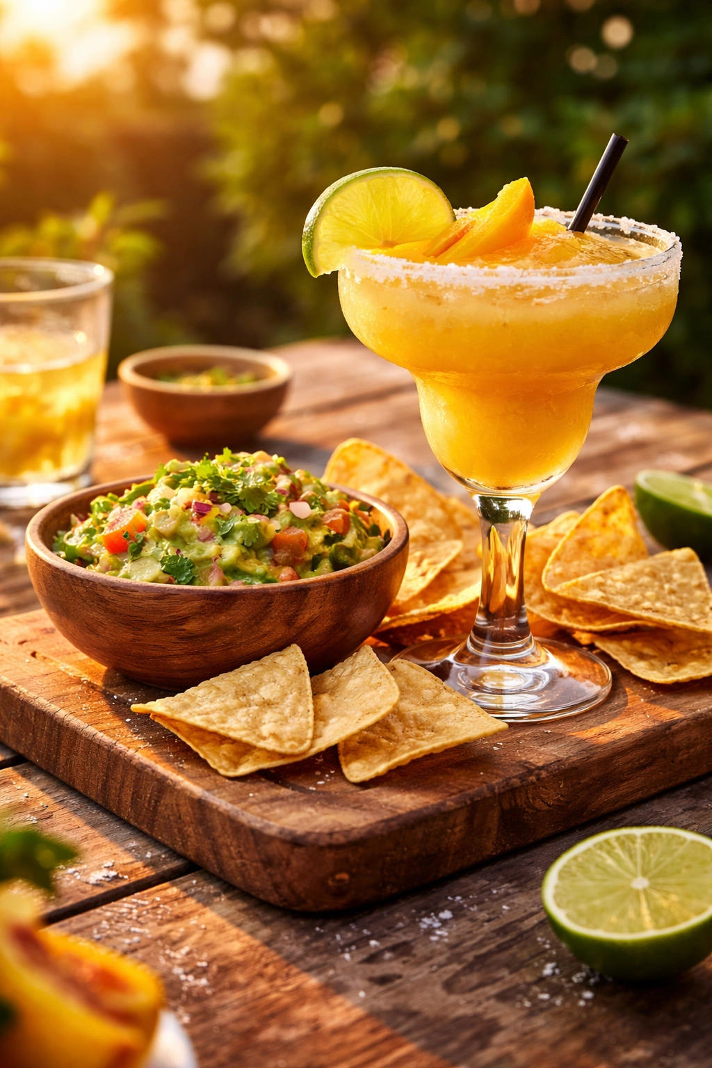 Mango margarita with salt rim and snacks on a wooden board
