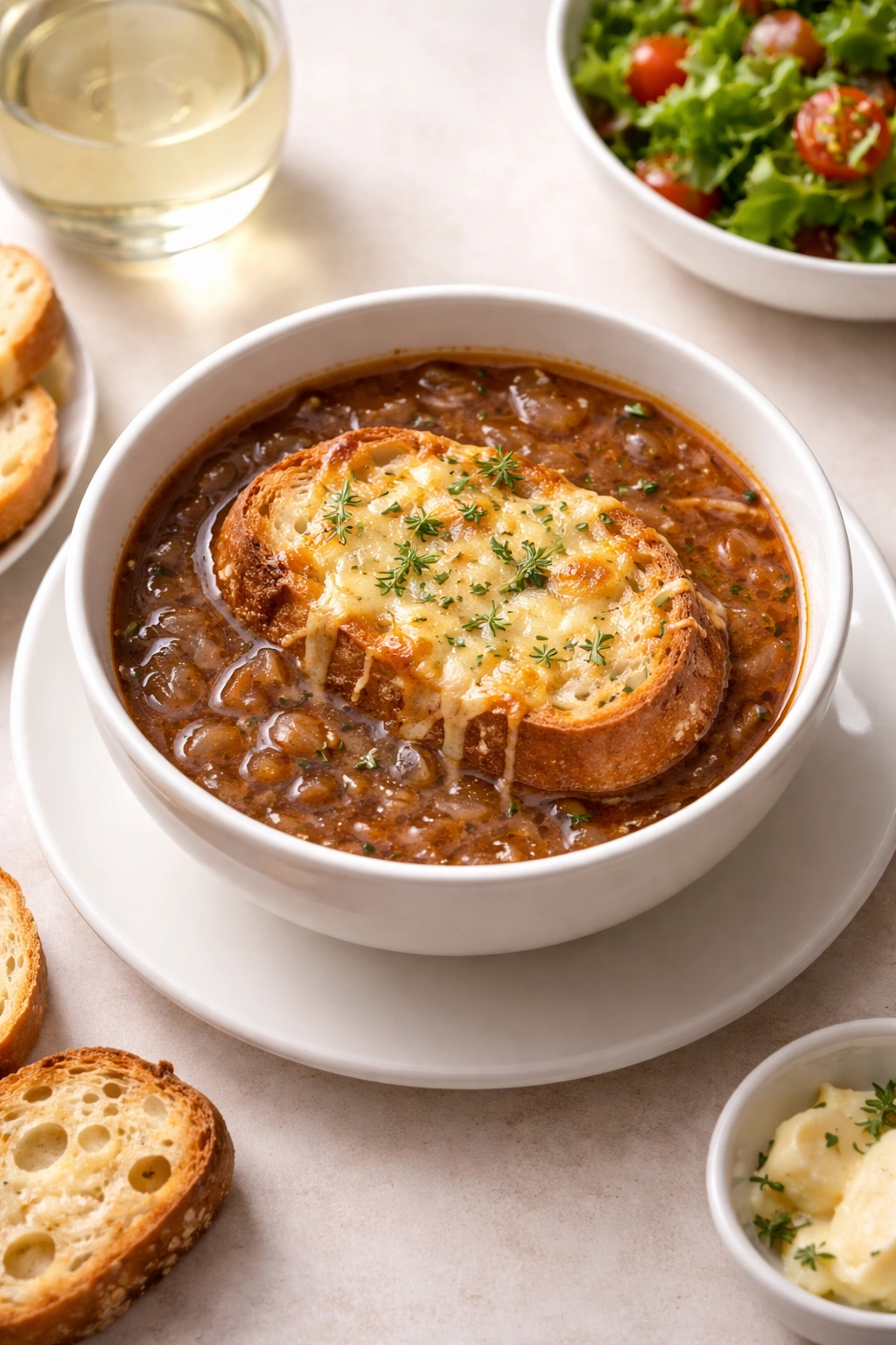 Single bowl of French onion soup on a plain plate ready to serve