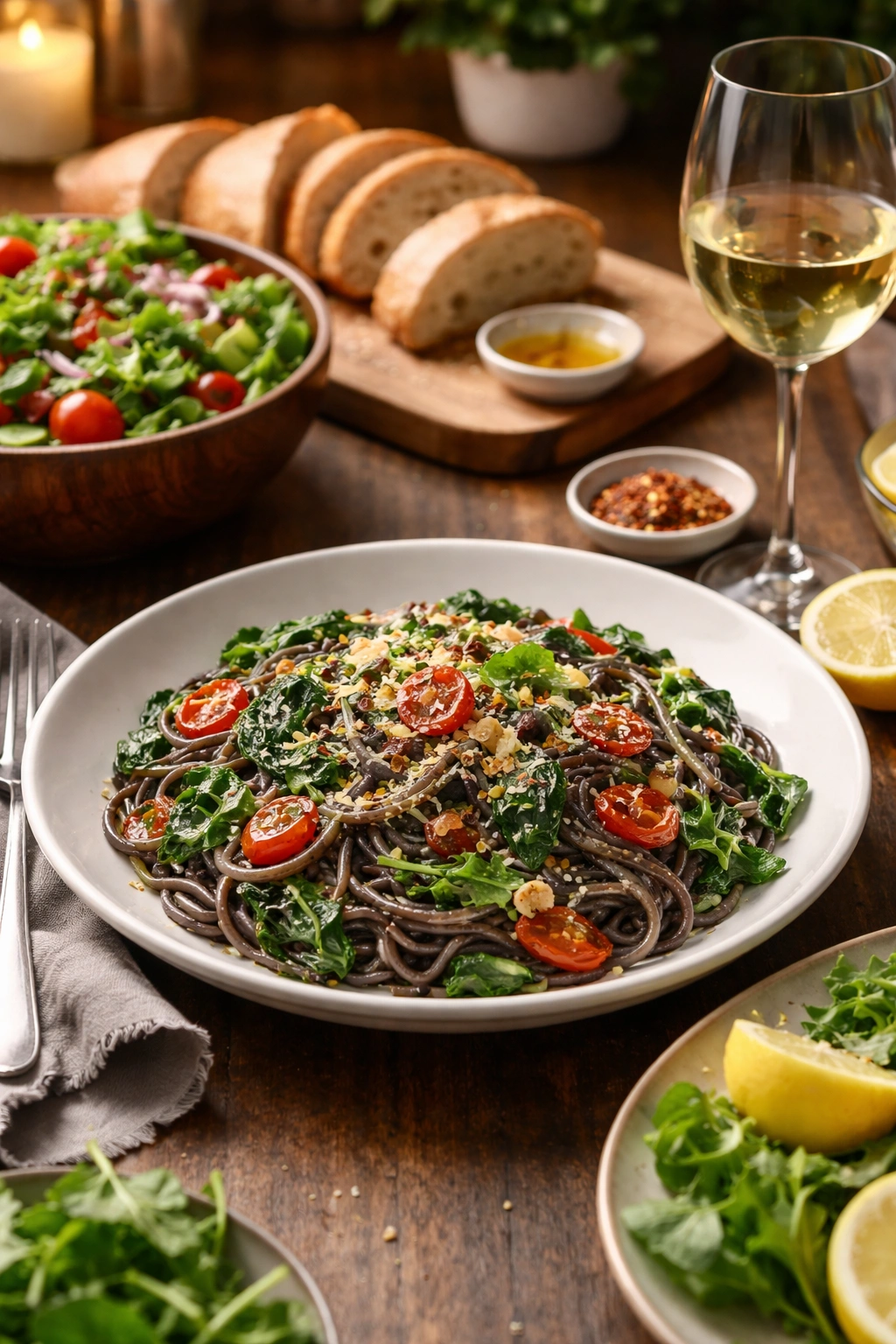 Plated black bean pasta with greens, salad, bread, and wine suggesting serving pairings.