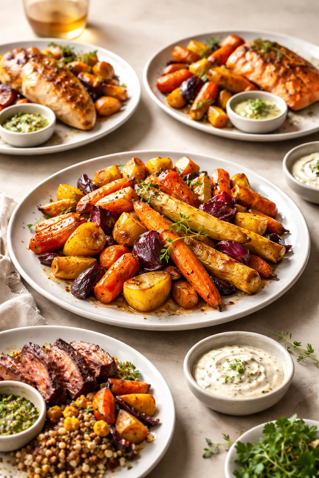 Plate of roasted root vegetables with herb garnish