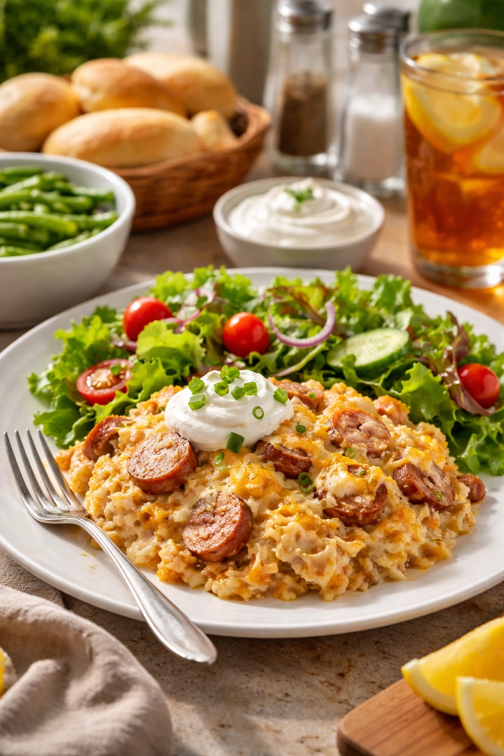 plated casserole with a side salad illustrating serving suggestions and pairings