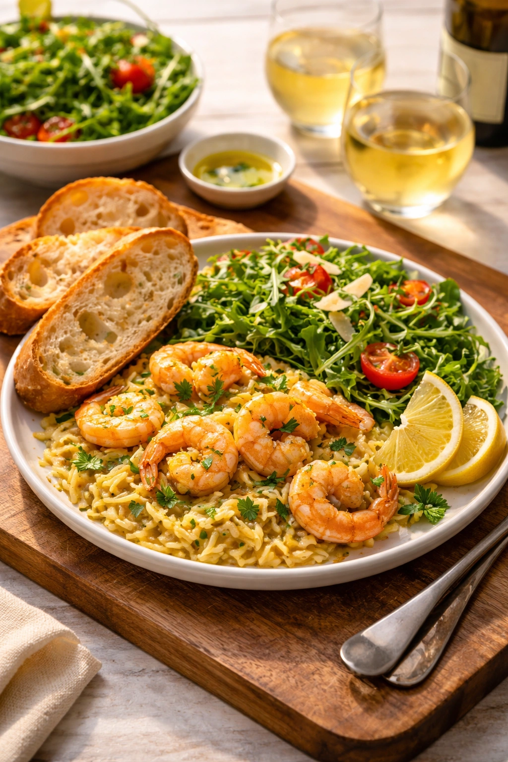 Plate of lemon shrimp orzo with arugula salad and crusty bread