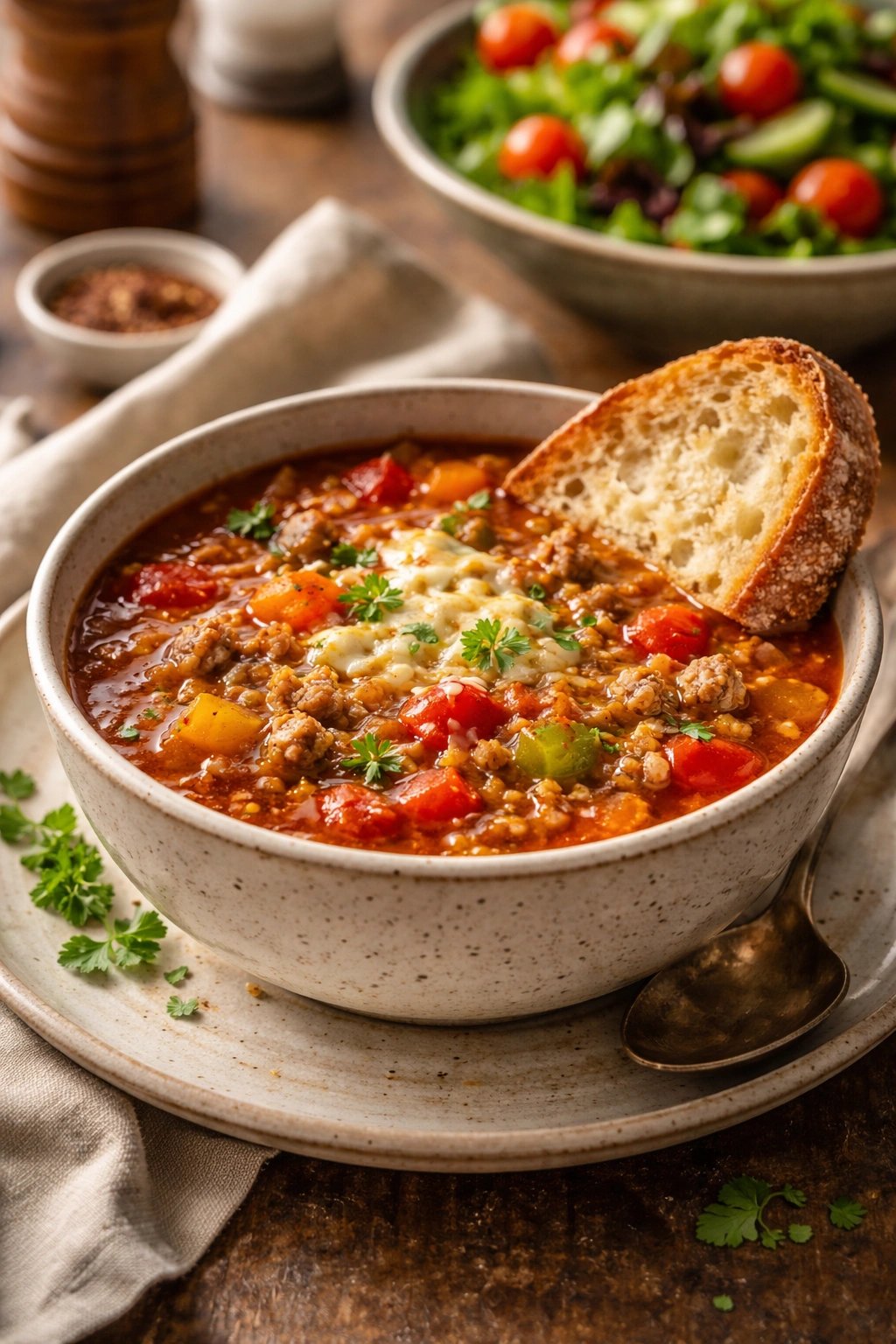 Plate of soup with crusty bread and salad suggesting serving pairings