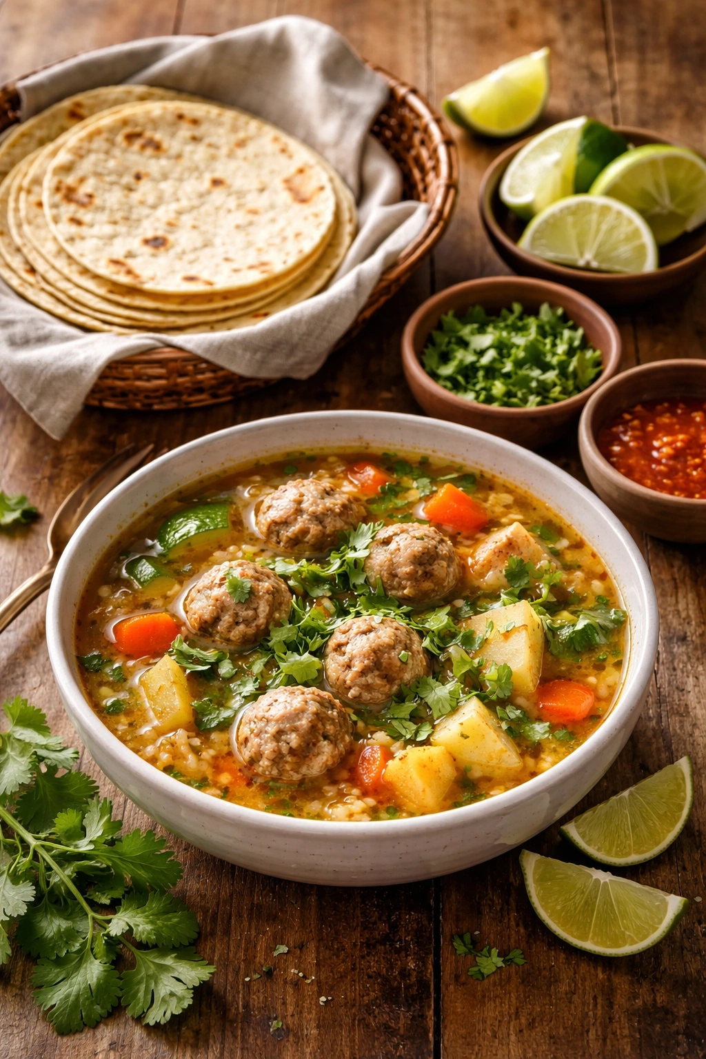 Bowl of albondigas soup with tortillas, lime, and cilantro garnish ready to serve