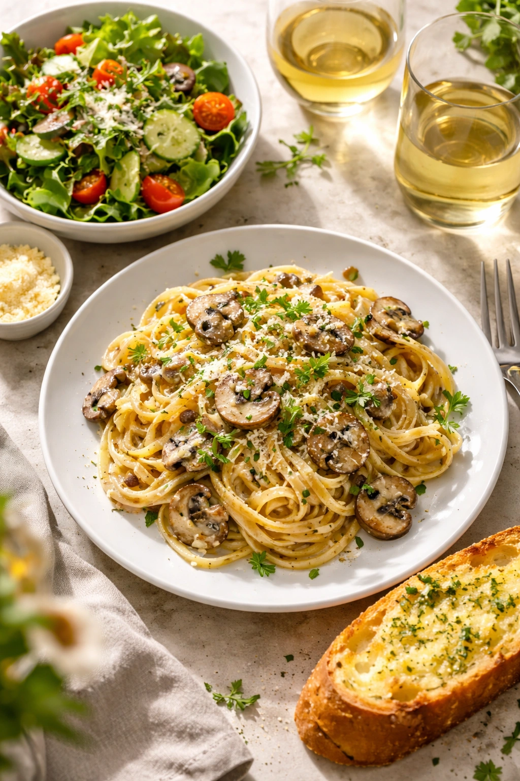 Creamy mushroom pasta plated with light salad and garlic bread suggesting a complete meal