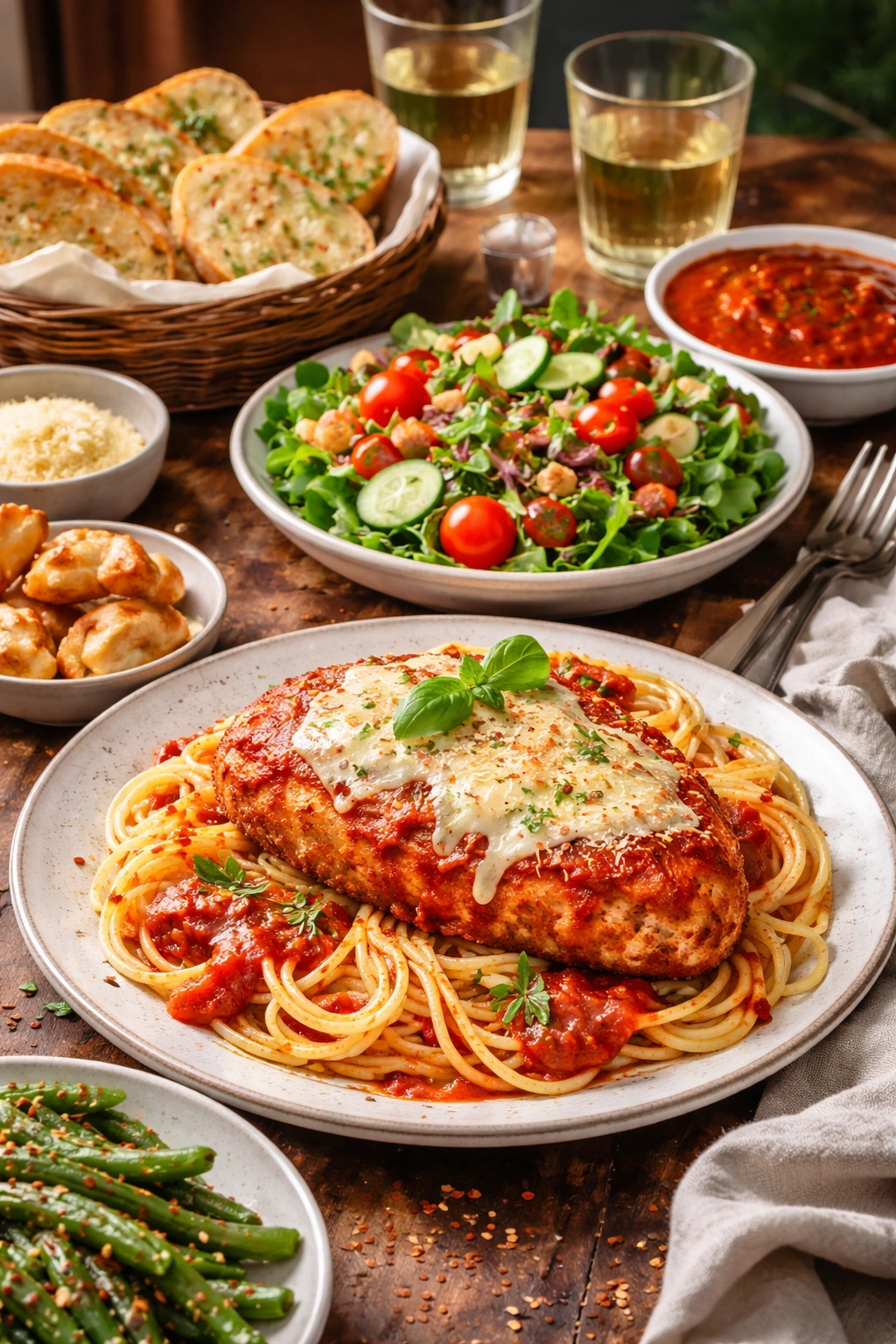Plated chicken parmesan with pasta and salad
