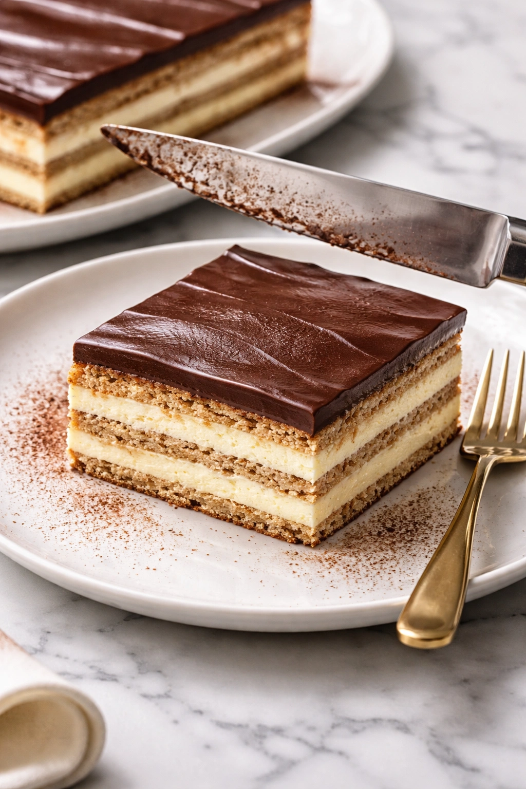 Slice of no-bake chocolate eclair cake on a chilled plate