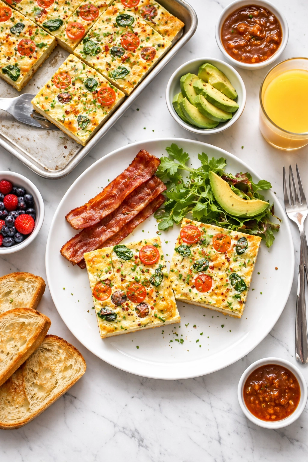 Plate with neat squares of sheet pan eggs and herb garnish