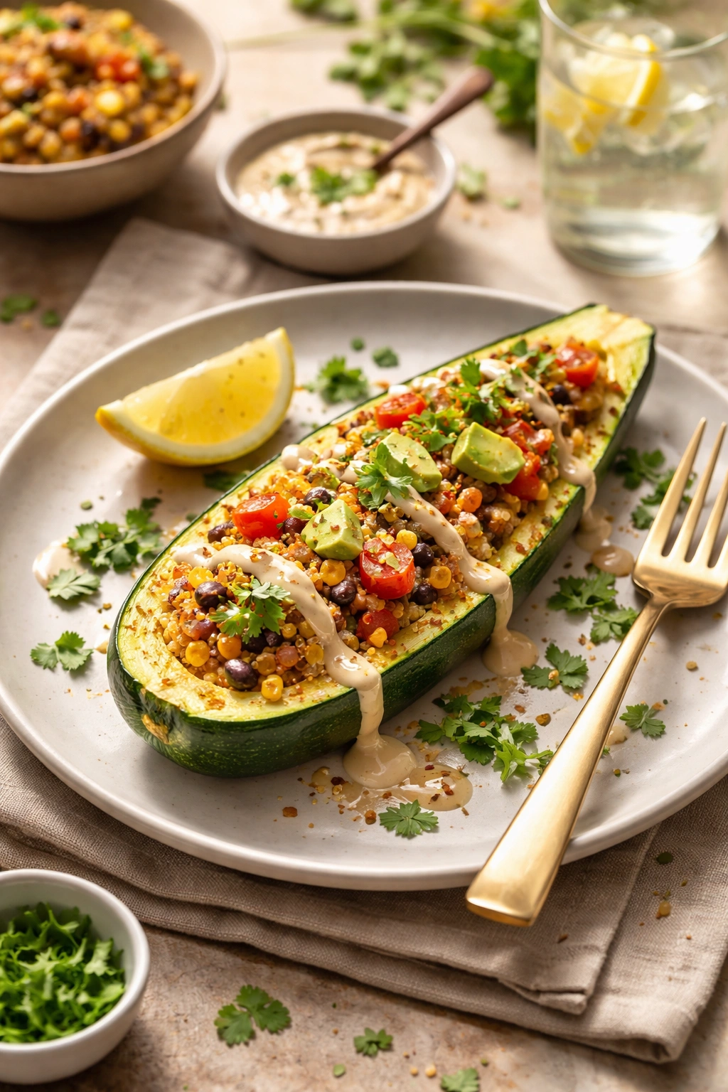 Zucchini boat plated with garnish and sauce drizzle