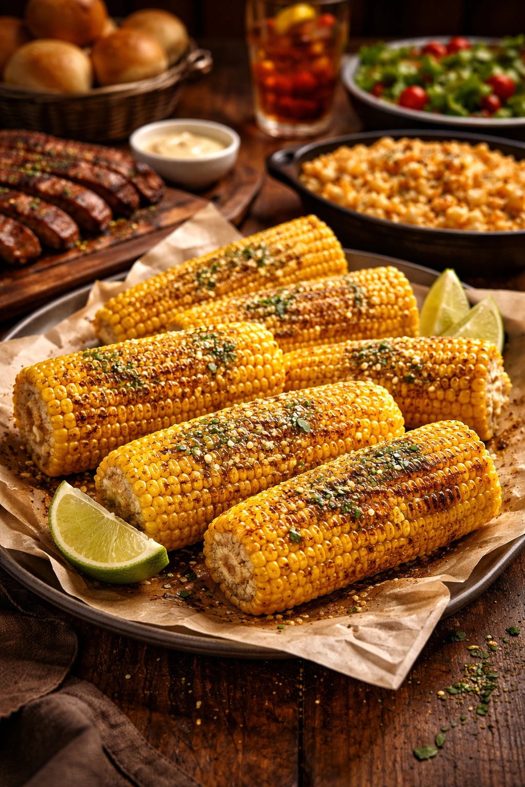 Corn on the cob on parchment-lined warm platter ready to serve
