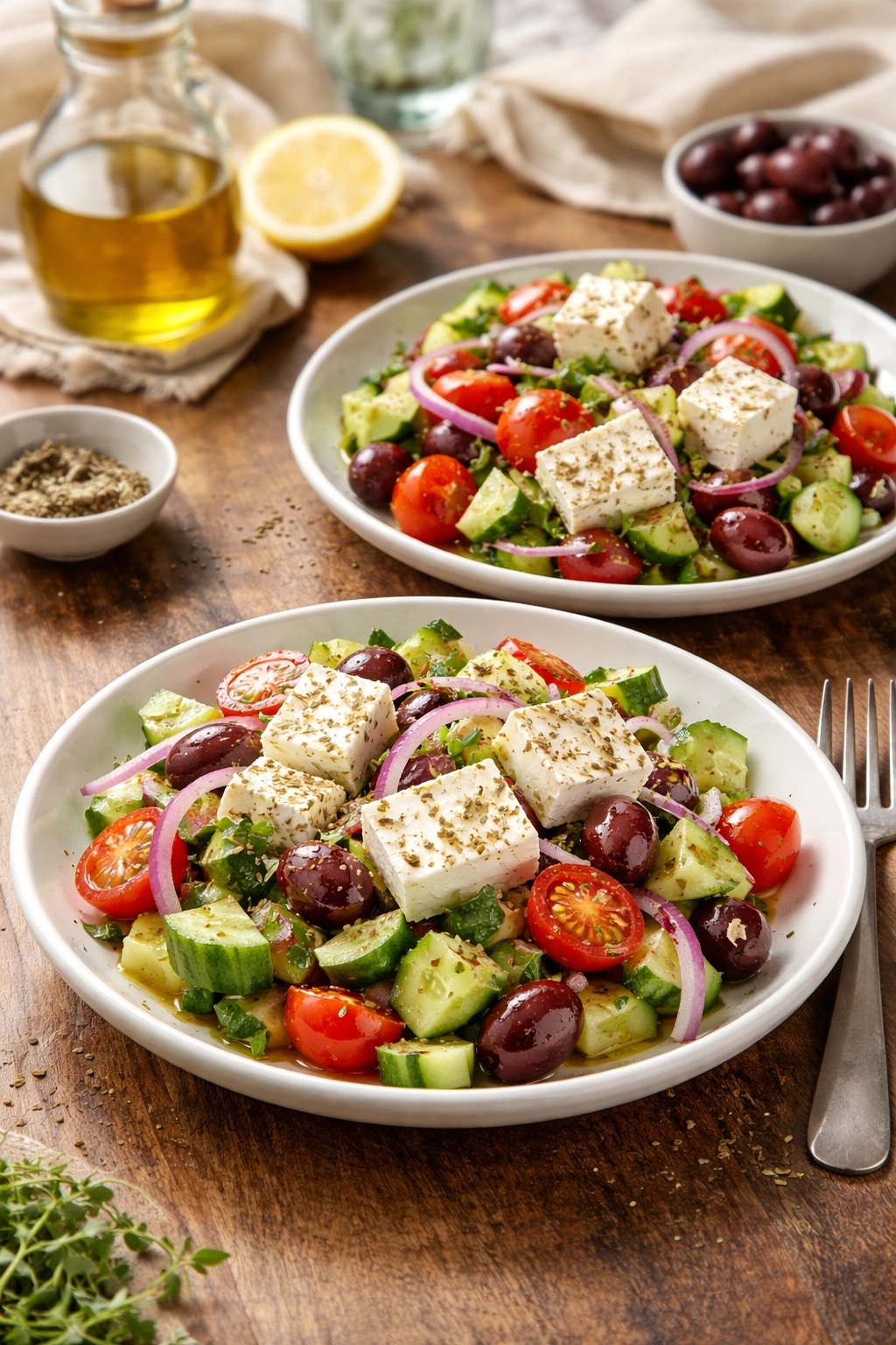 Two portions of Greek salad on plates showing different serving sizes