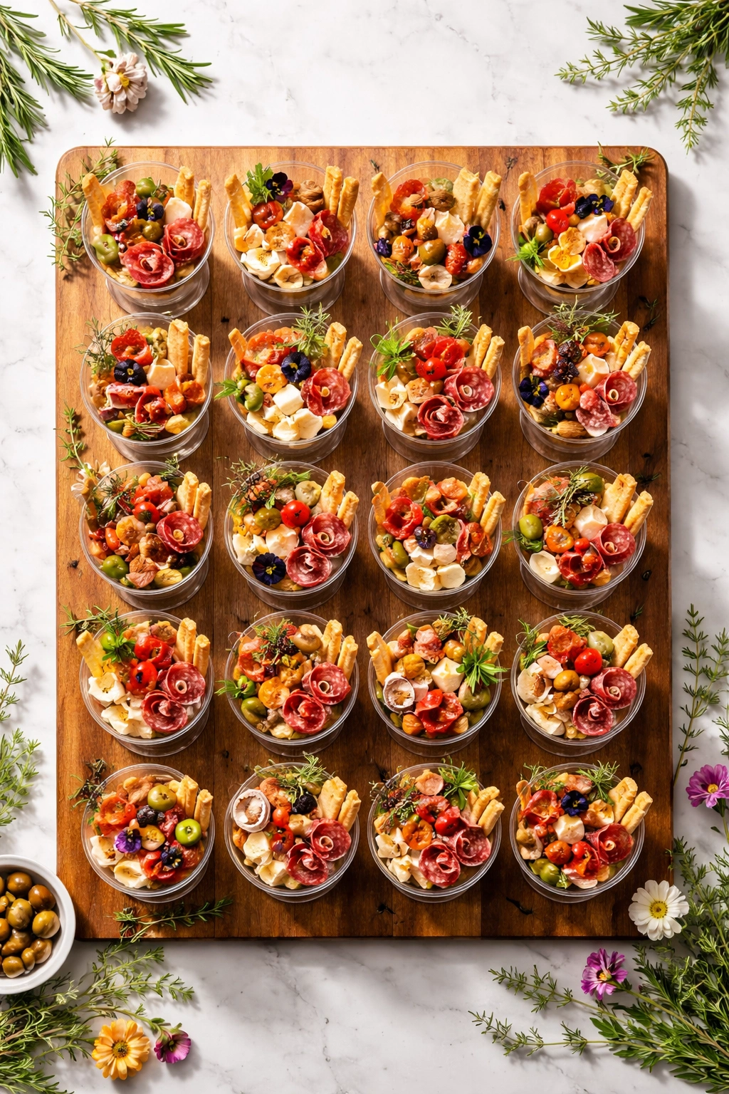 Charcuterie cups arranged in a neat grid on a wooden board with herbs
