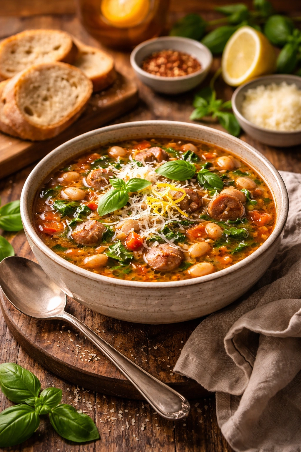 Steaming soup with Parmesan, basil, and lemon zest served with crusty bread