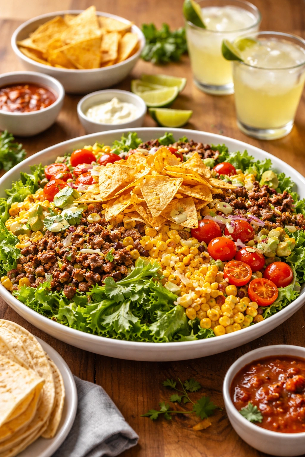Large serving bowl of colorful taco salad ready to enjoy