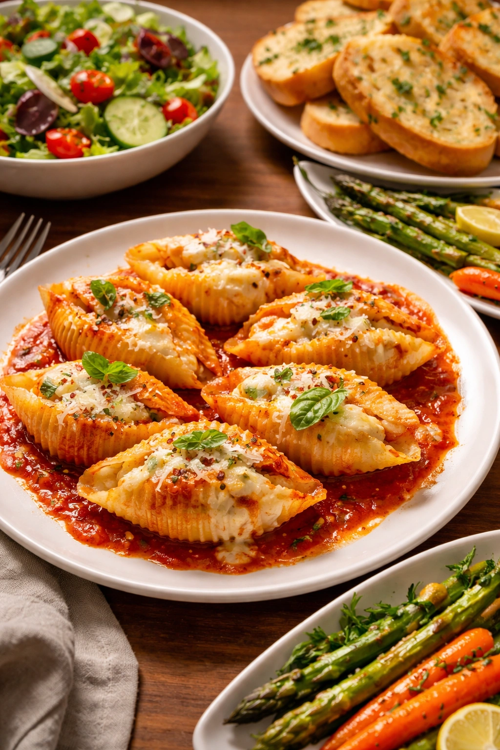 Plate of stuffed shells with glossy sauce for serving.