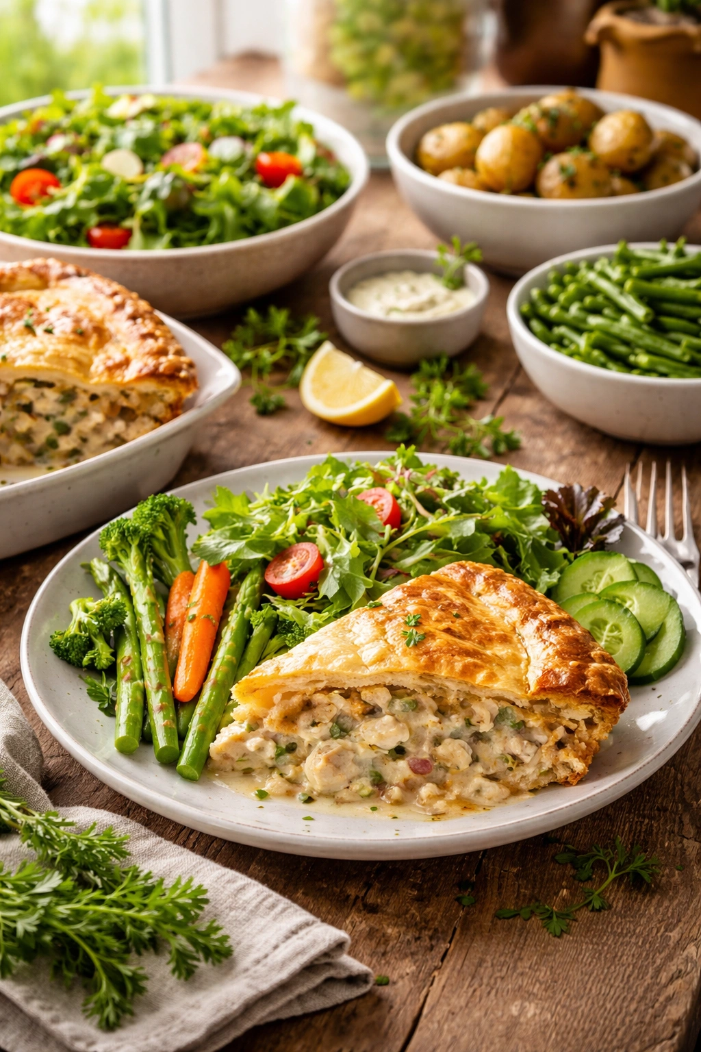Close-up plated chicken pie with side salad and vegetables on rustic wooden table