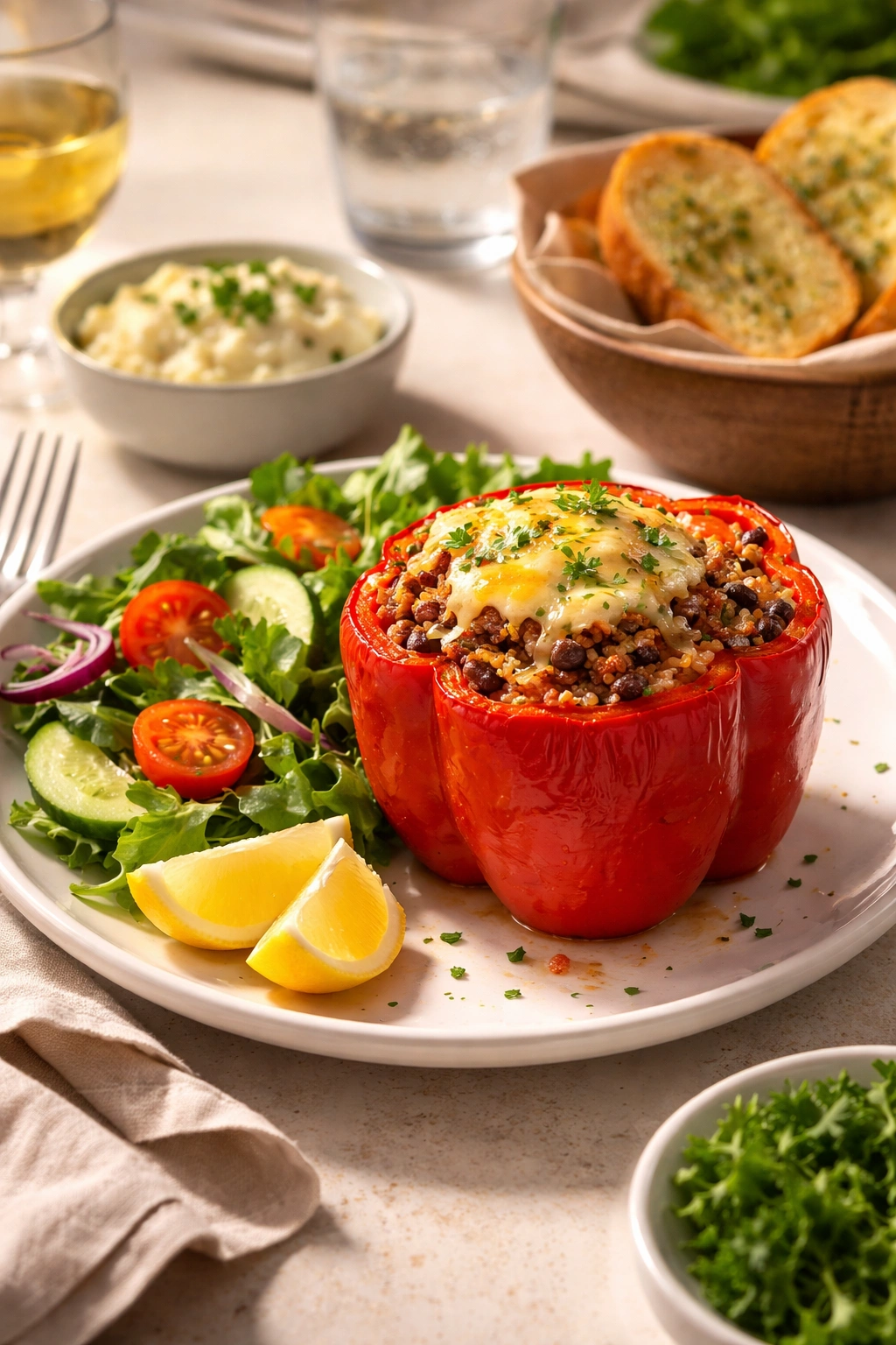Plated stuffed pepper with a side dish on a clean table illustrating serving suggestions