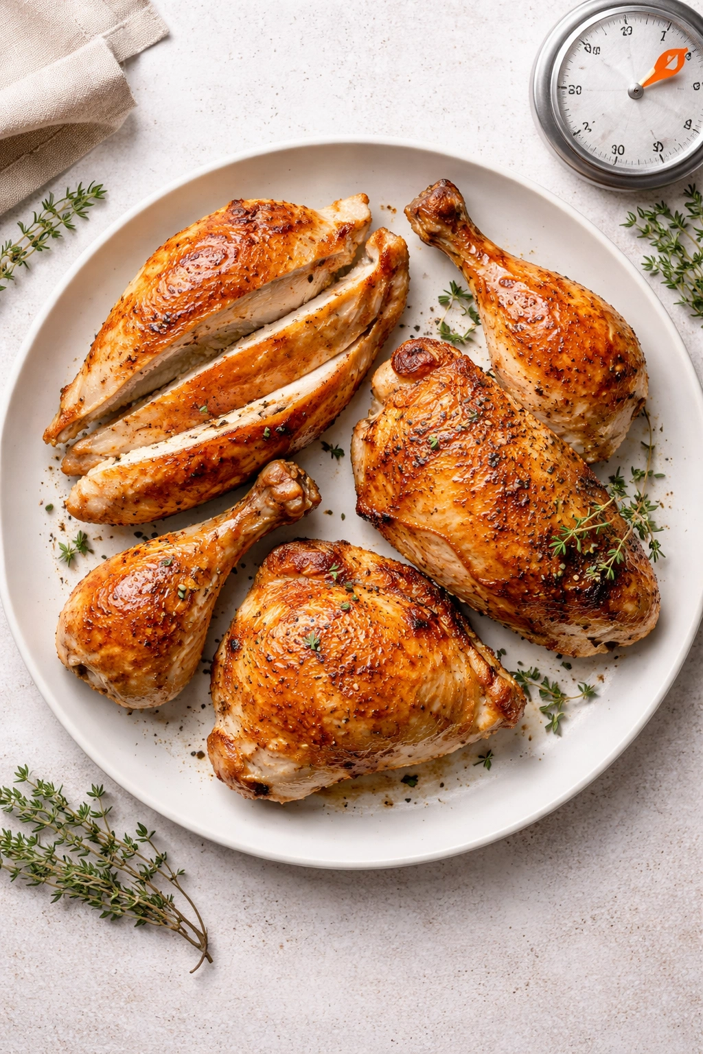 Plate with four roasted chicken portions