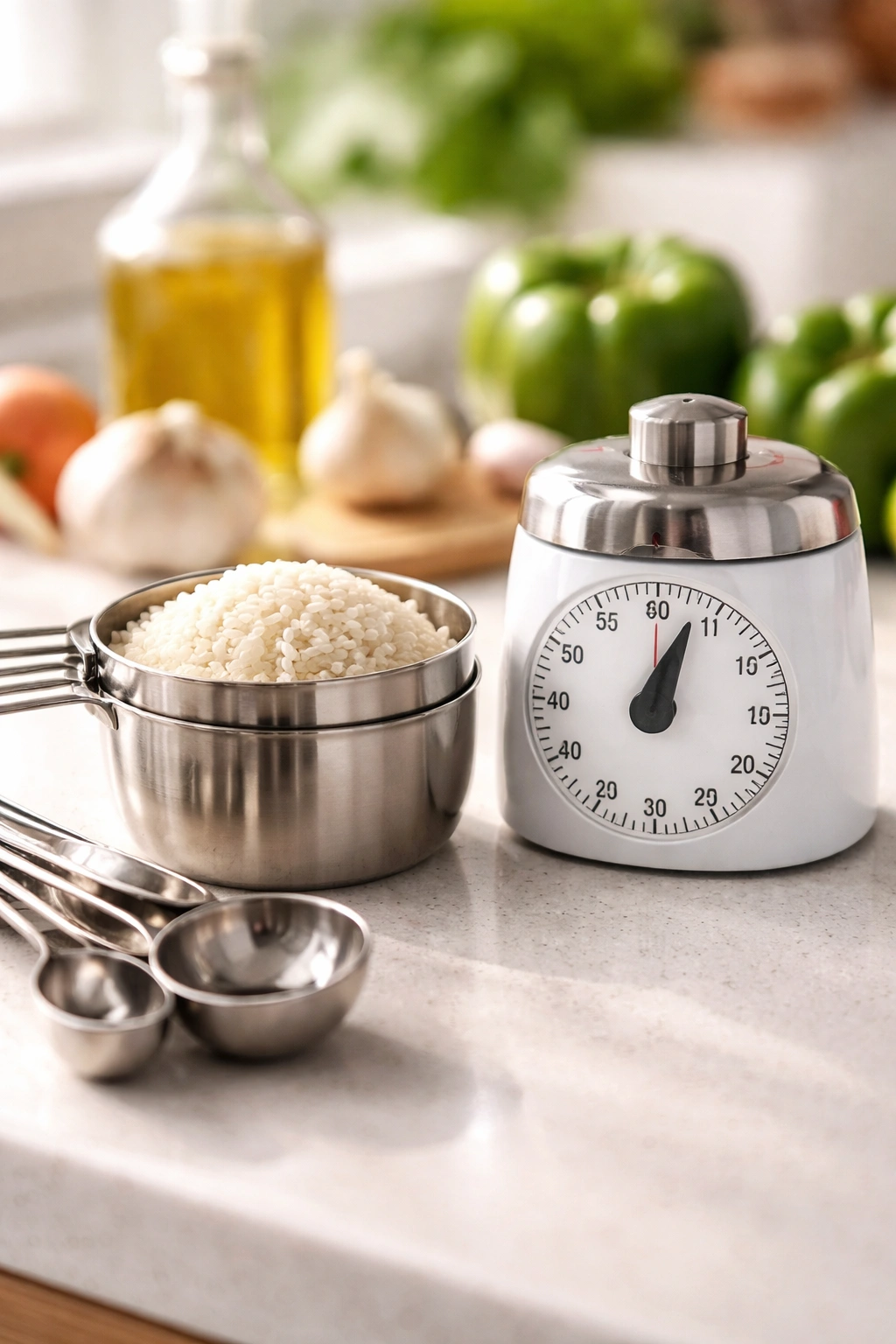 Close-up of a kitchen timer and measuring cups on a clean counter illustrating serving size and timing information