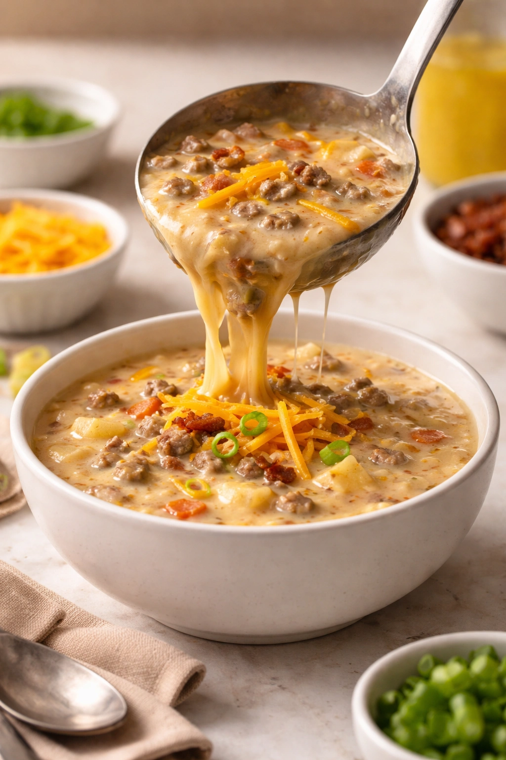 Ladle pouring soup into a simple bowl for serving