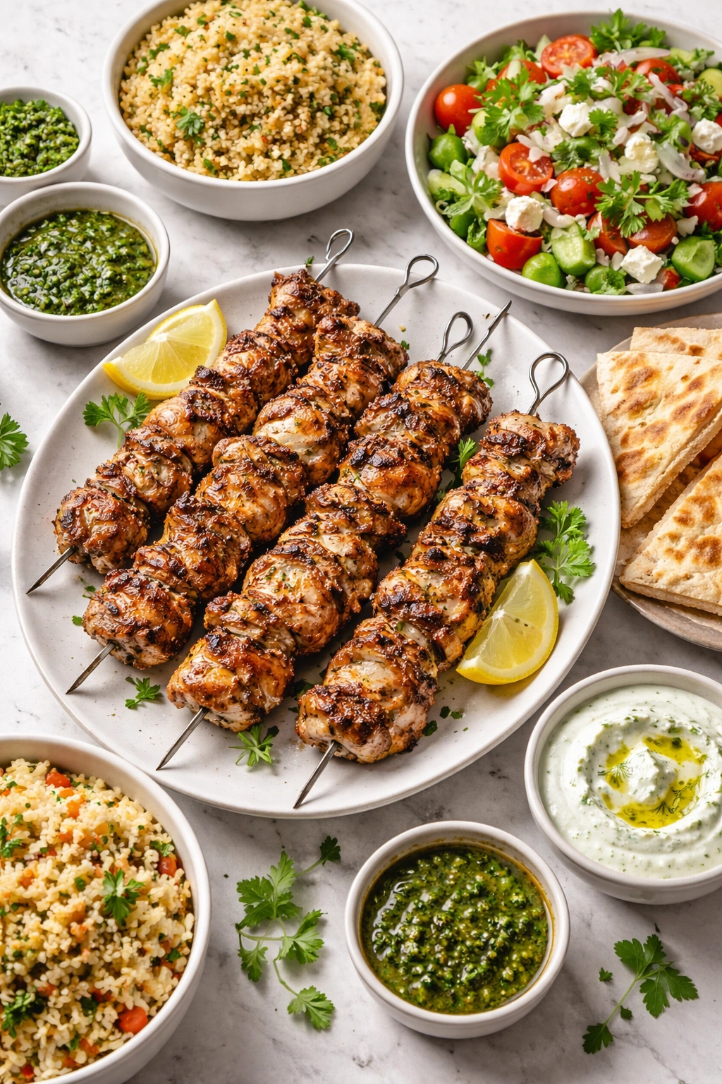 Plate of grilled chicken thigh skewers ready to serve