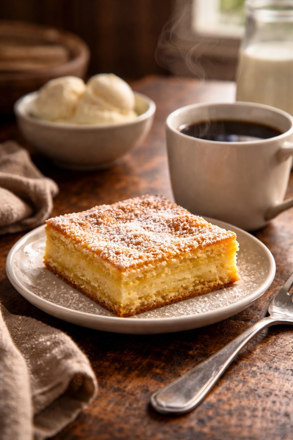 Gooey butter cake served with coffee on a wooden table
