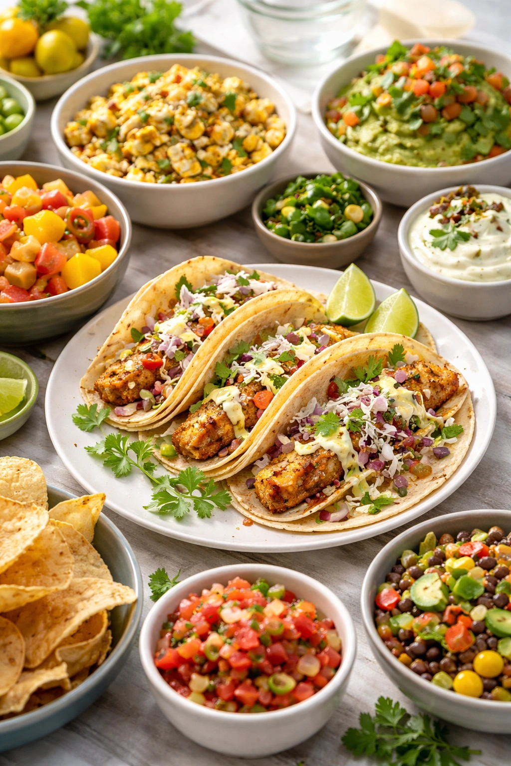 Plate of fish tacos with lime crema and slaw with side dishes