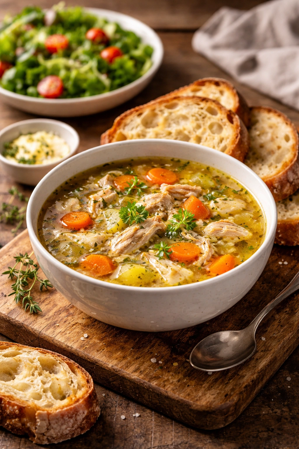 Bowl of chicken soup with crusty bread and salad as serving pairings.