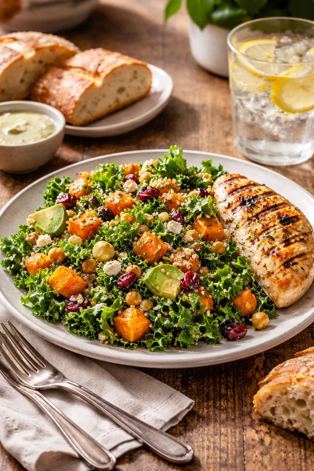 Plate of kale and sweet potato salad with grilled chicken on the side