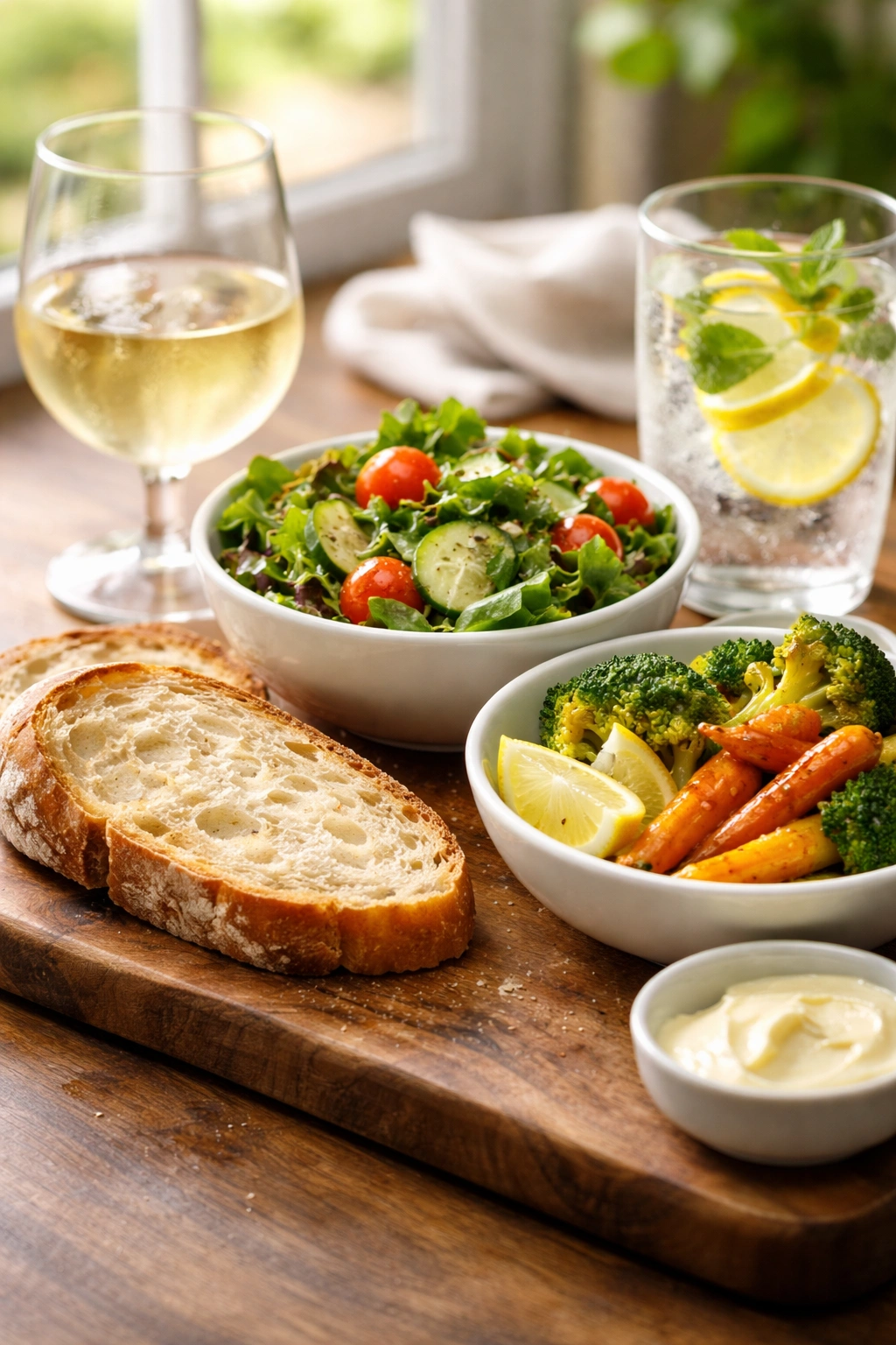 Still life of salad, vegetables, and bread as serving pairings for casserole