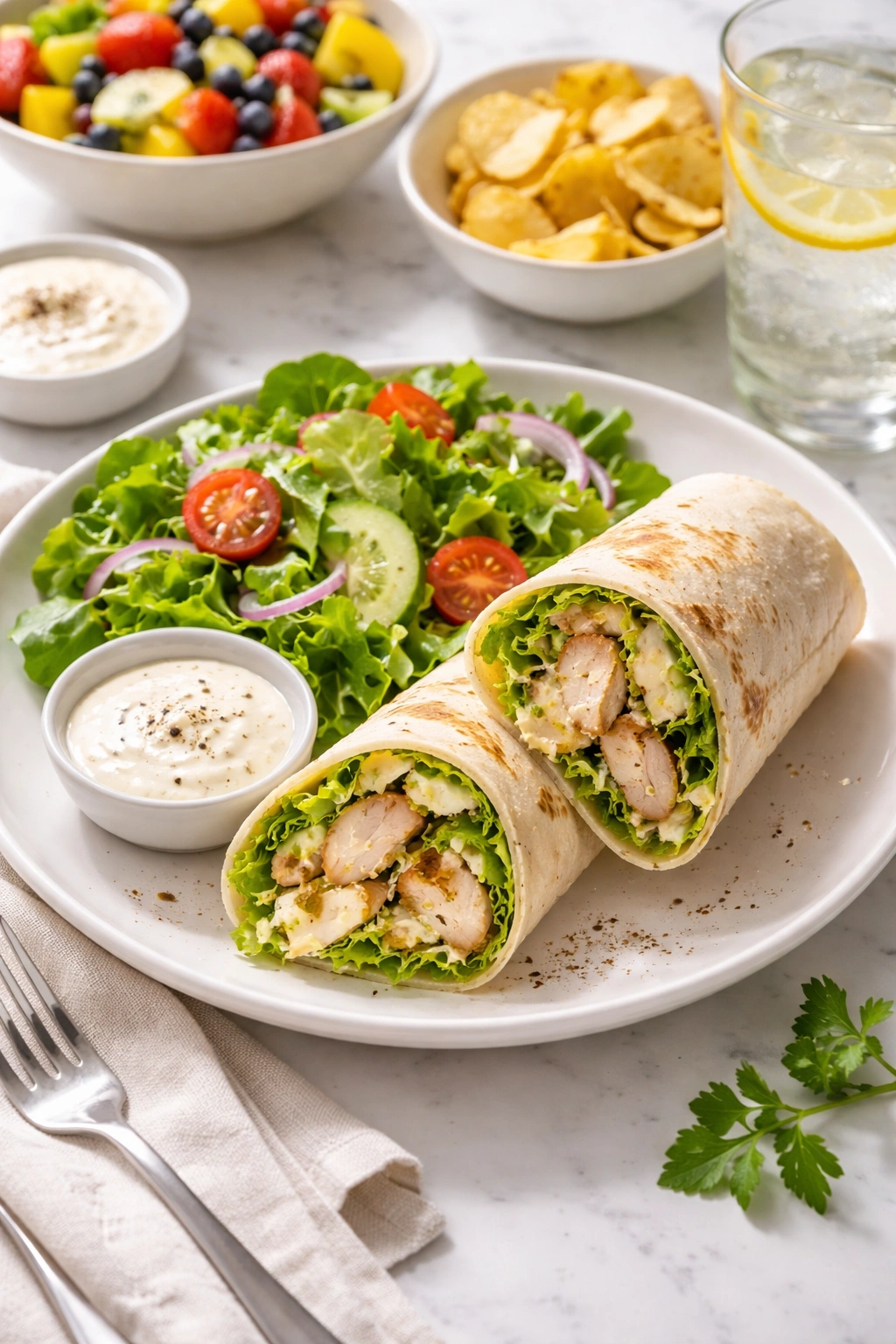 Plate featuring a chicken Caesar wrap with a light side salad as serving suggestion