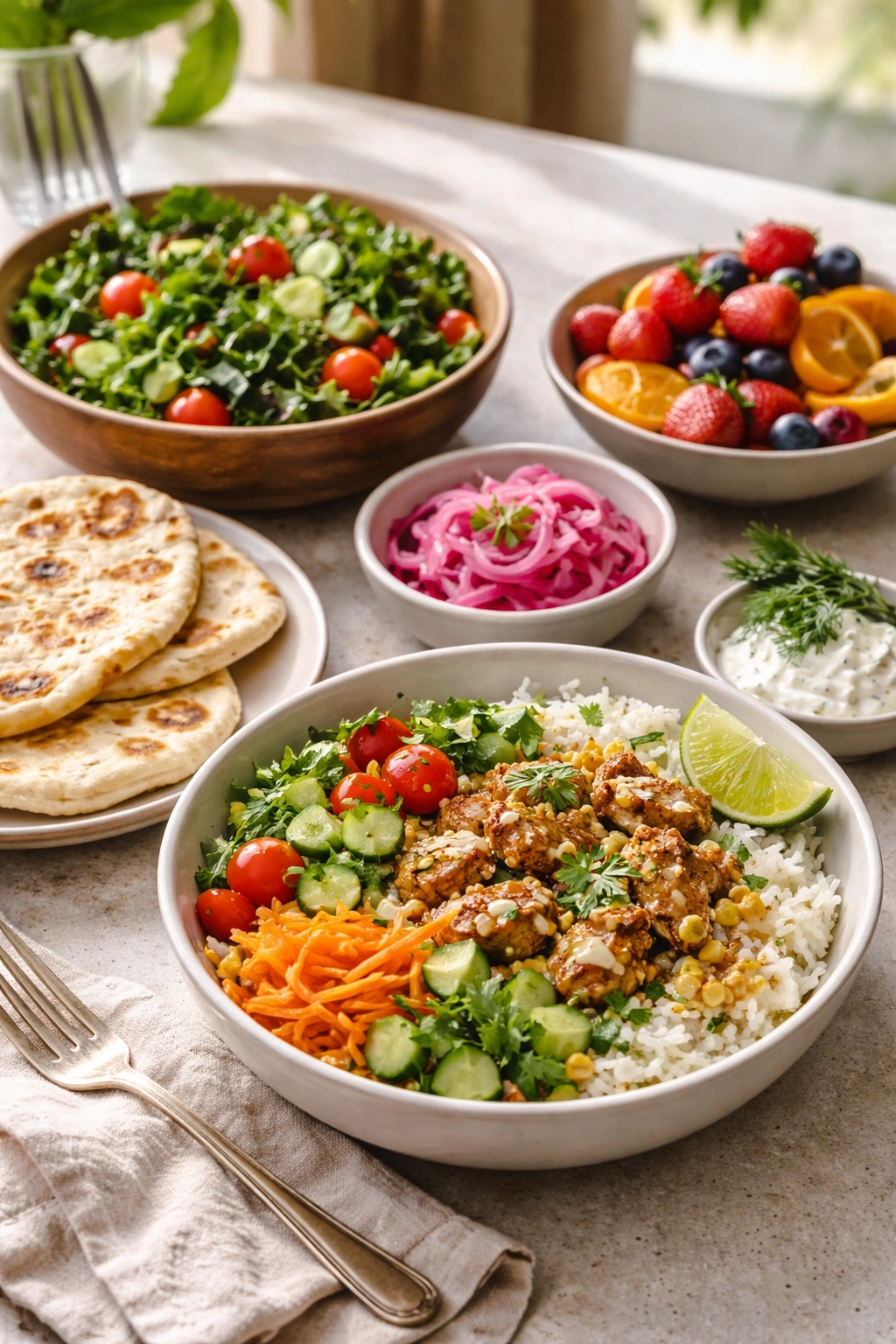 Chicken rice bowl plated with flatbread and green salad as serving suggestions.