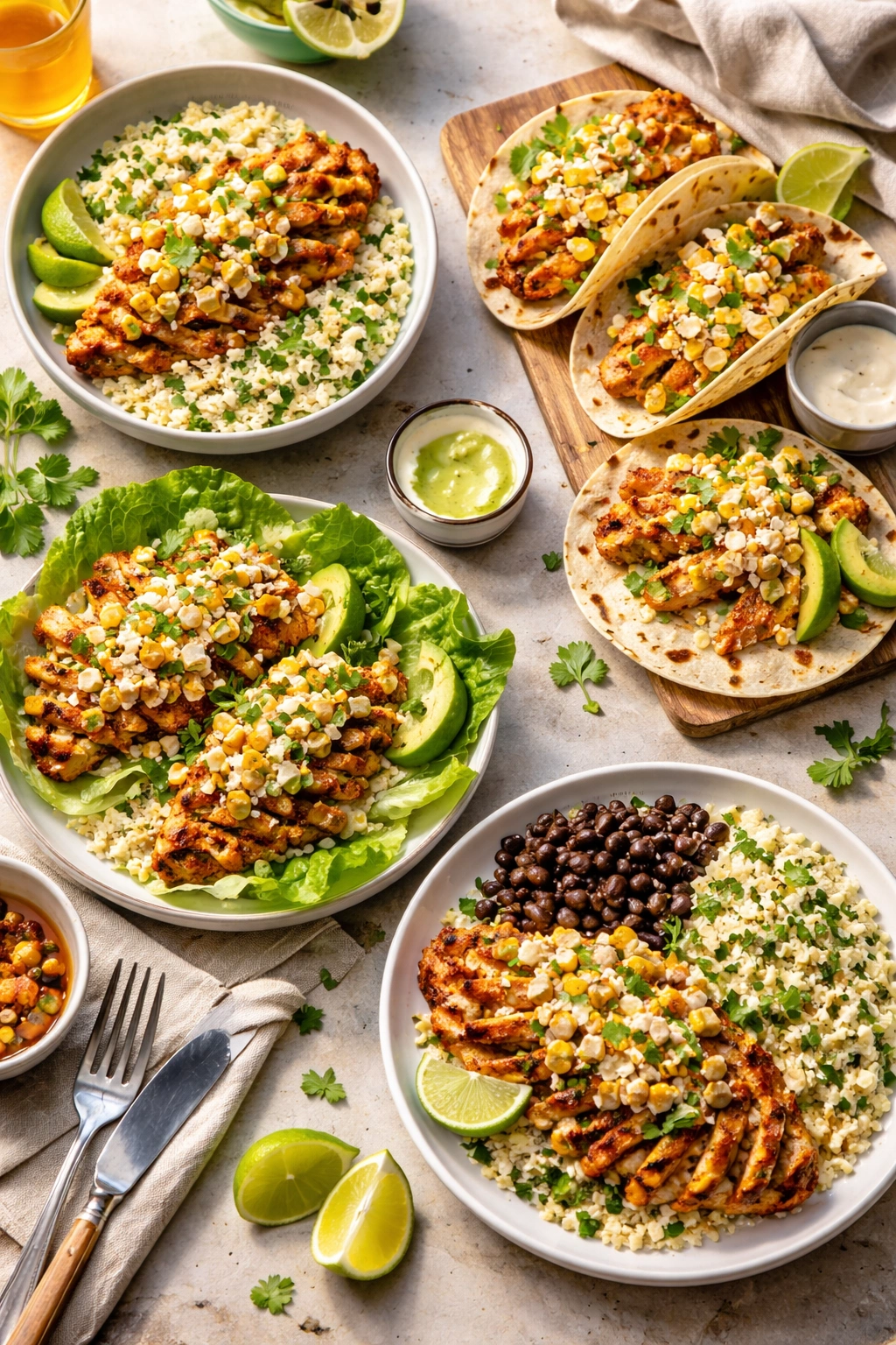 Plate of street corn chicken with rice and toppings
