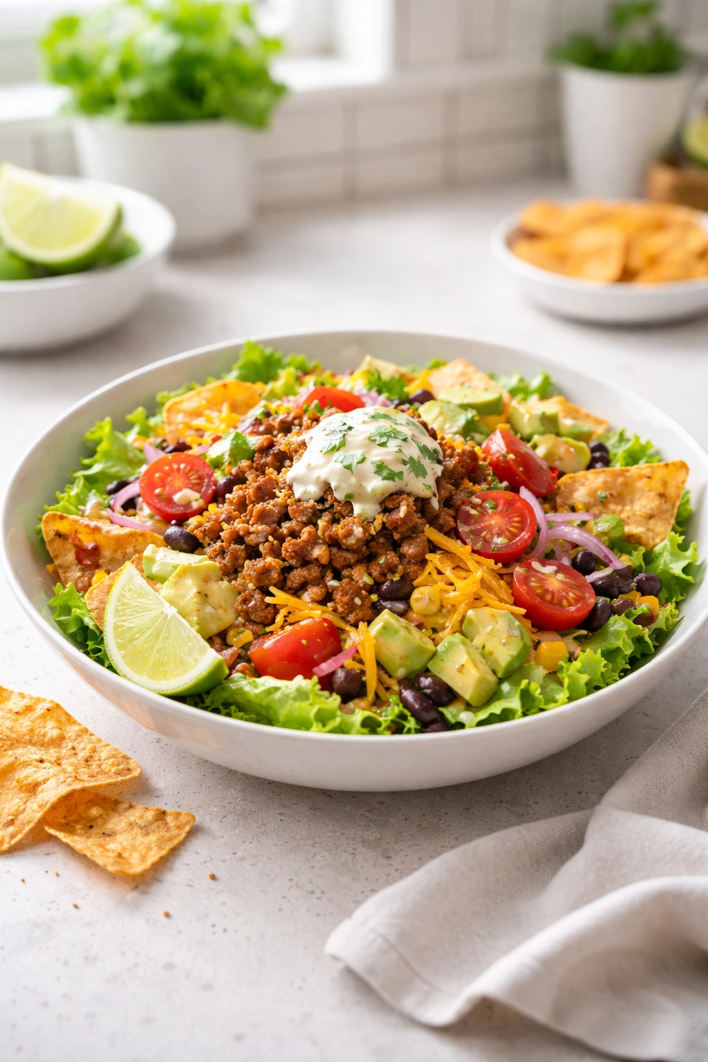 Ready-to-serve taco salad in a clean plate