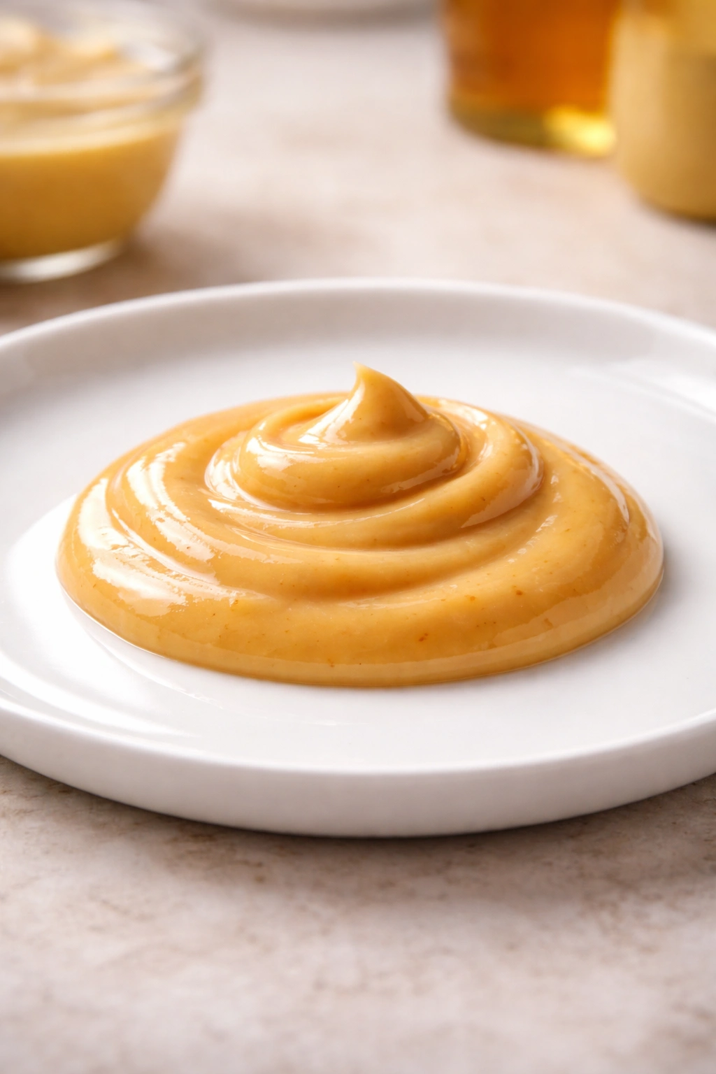 Dollop of creamy sauce on white plate