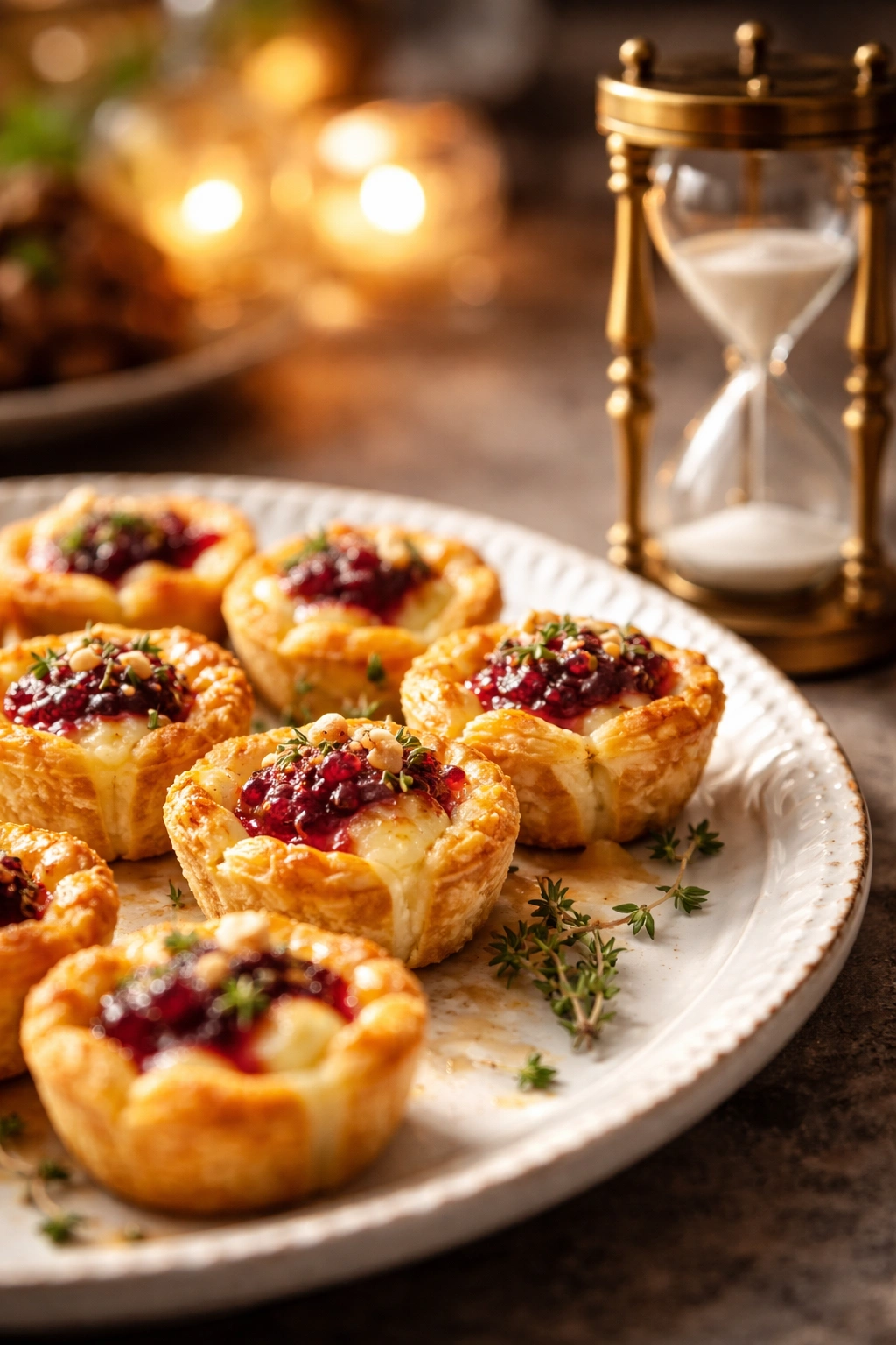 Baked brie bites on a plate with a decorative timer nearby