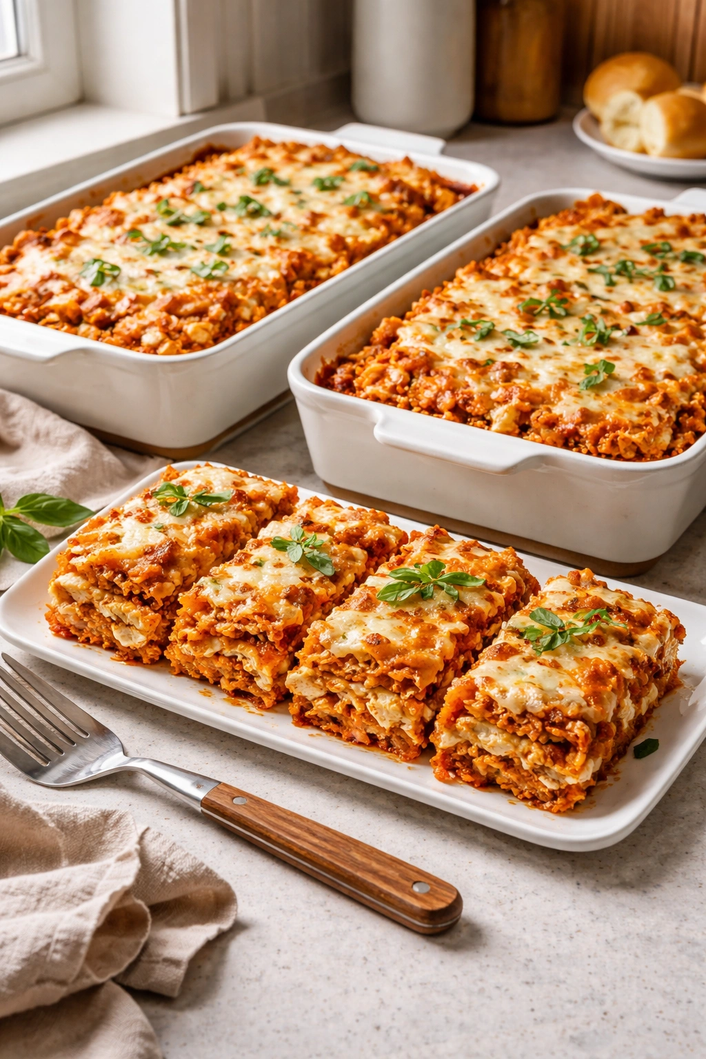 Two baked casseroles with a platter of portions in a bright kitchen.