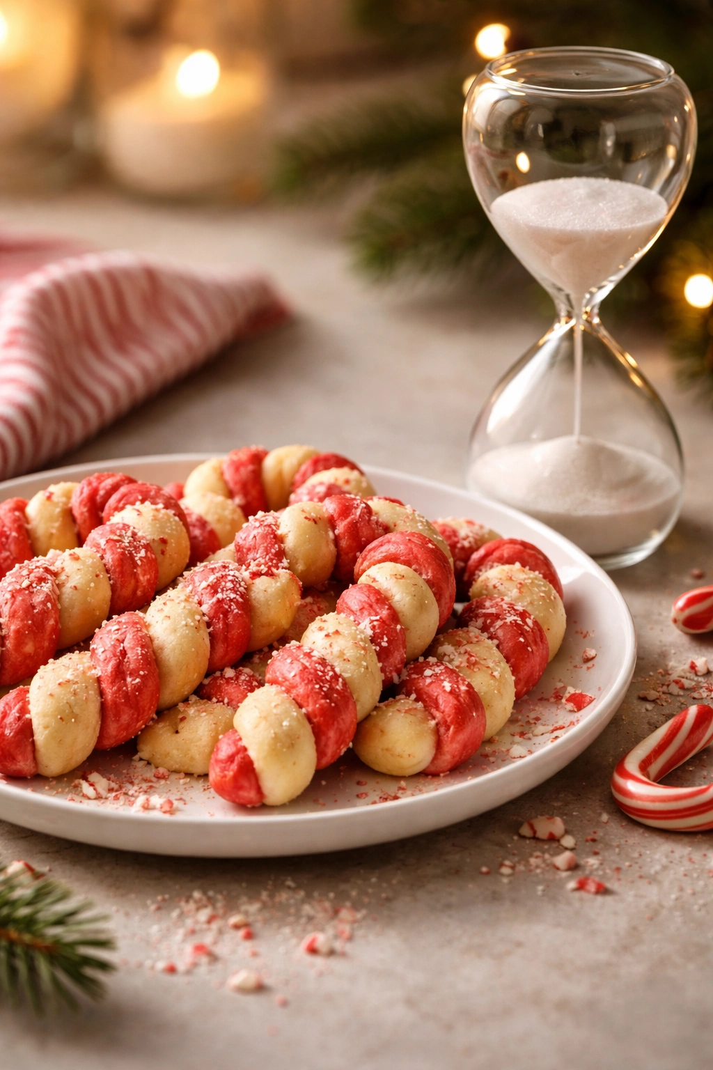 Cookies on a plate with an hourglass in a warm kitchen setting
