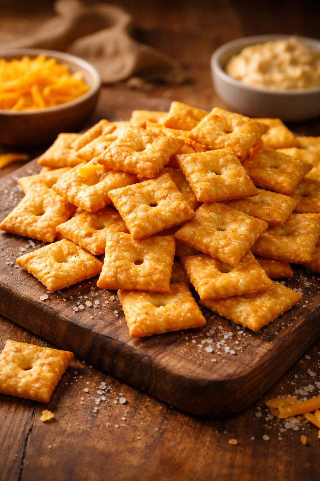 Warm crackers ready to serve on rustic board