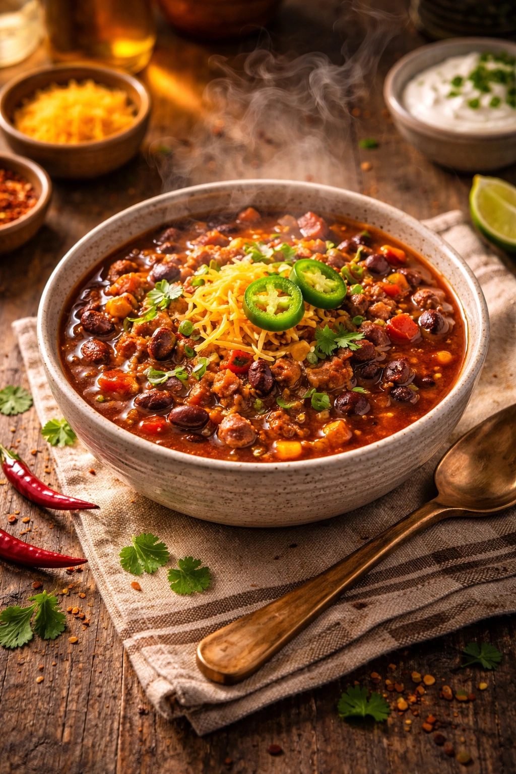 Steaming chili served in a rustic plate with a wooden spoon