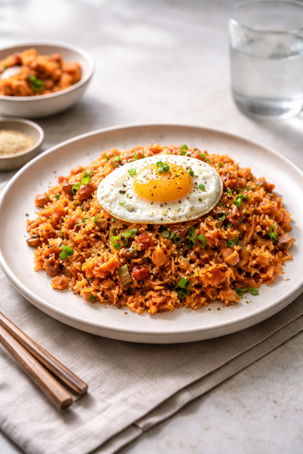 Plated kimchi fried rice in a simple dining setting