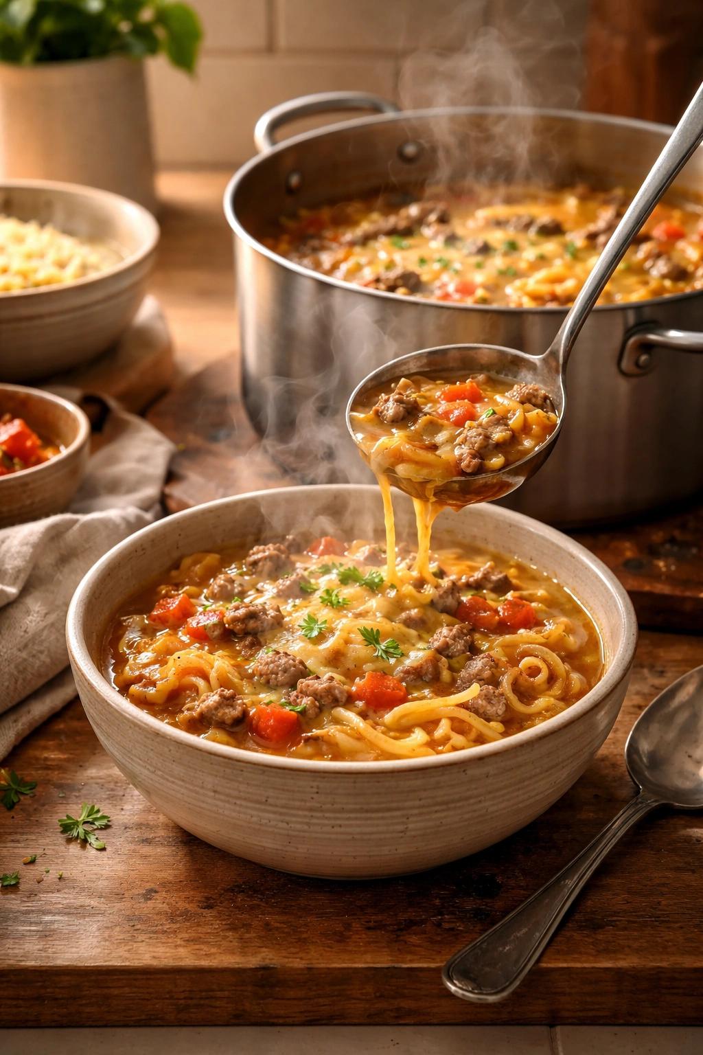 Ladle with steaming soup and ready bowls in a cozy kitchen