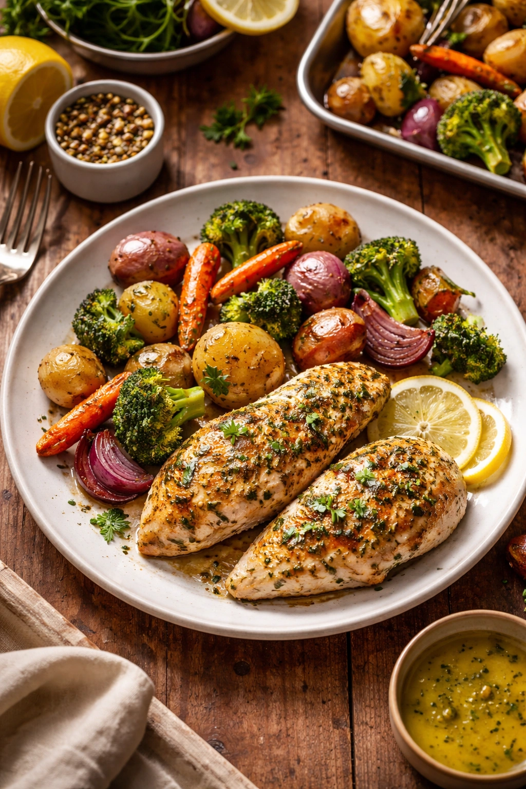 Plated sheet-pan lemon herb chicken with vegetables ready to serve