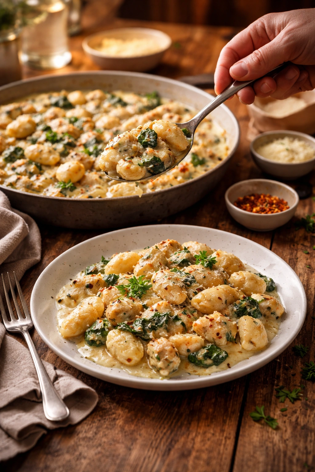 Plated creamy chicken gnocchi being served onto a table