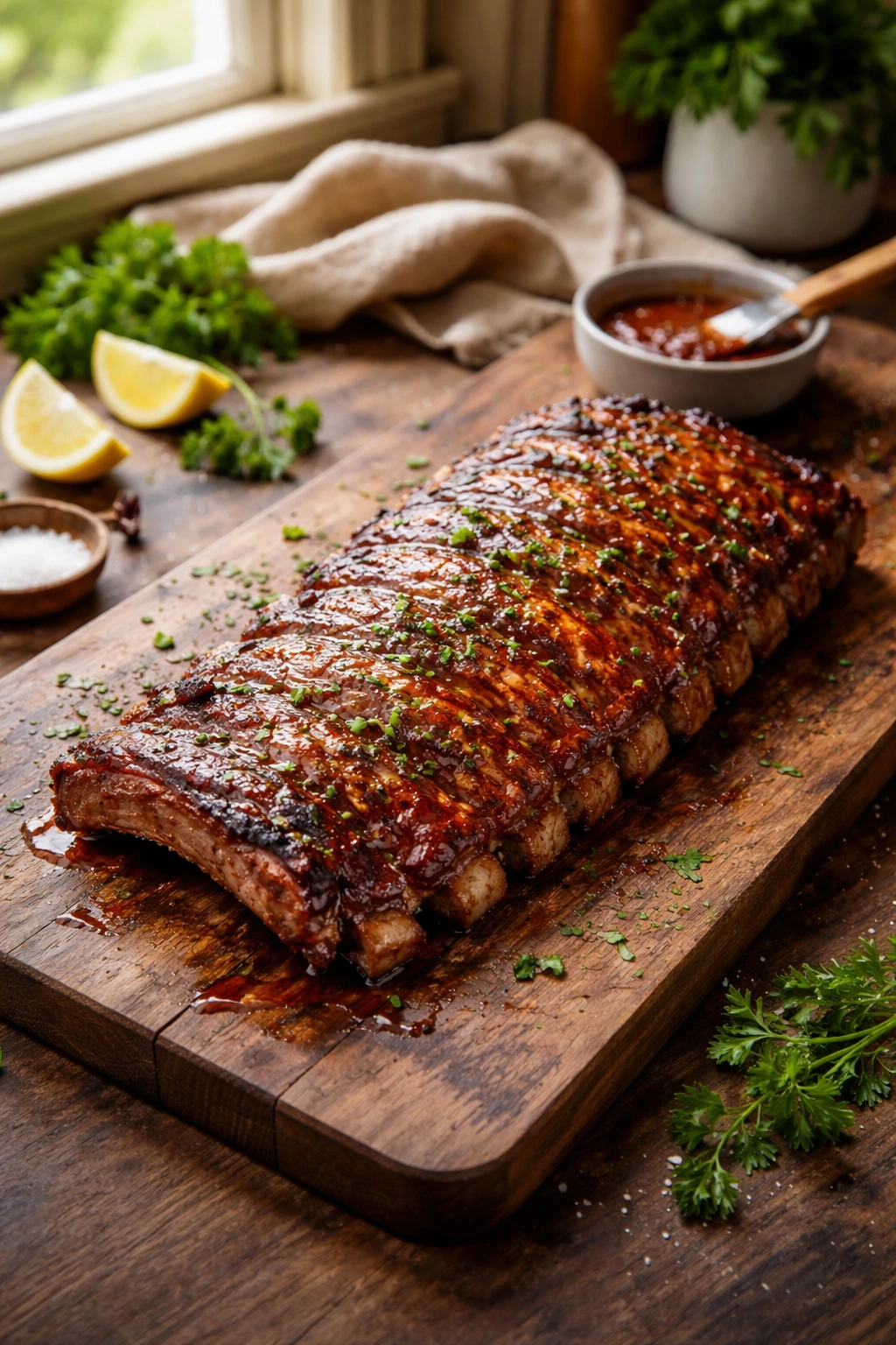 Finished ribs on a wooden board in warm kitchen light