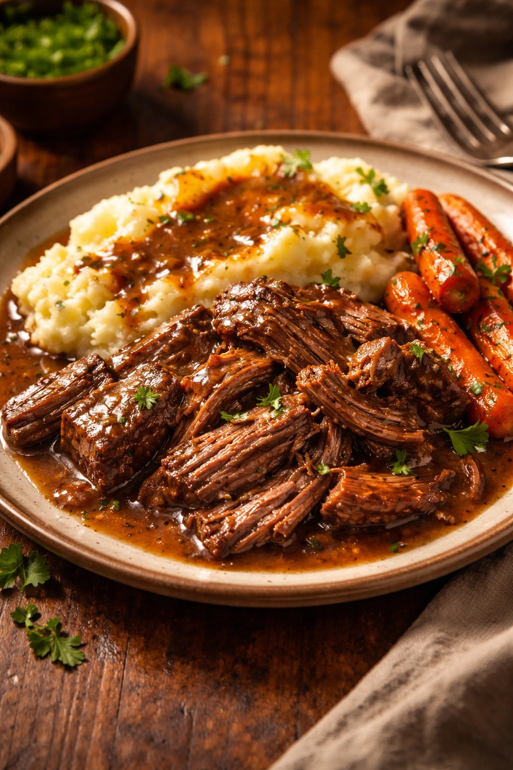 Shredded roast on plate with gravy in warm light