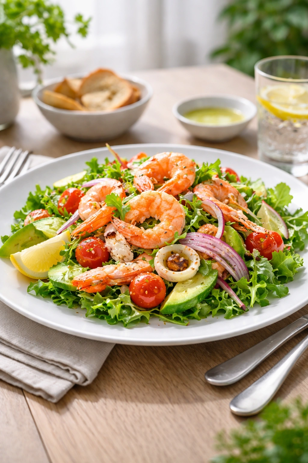 Ready-to-serve seafood salad plated on a clean plate at a dining table.
