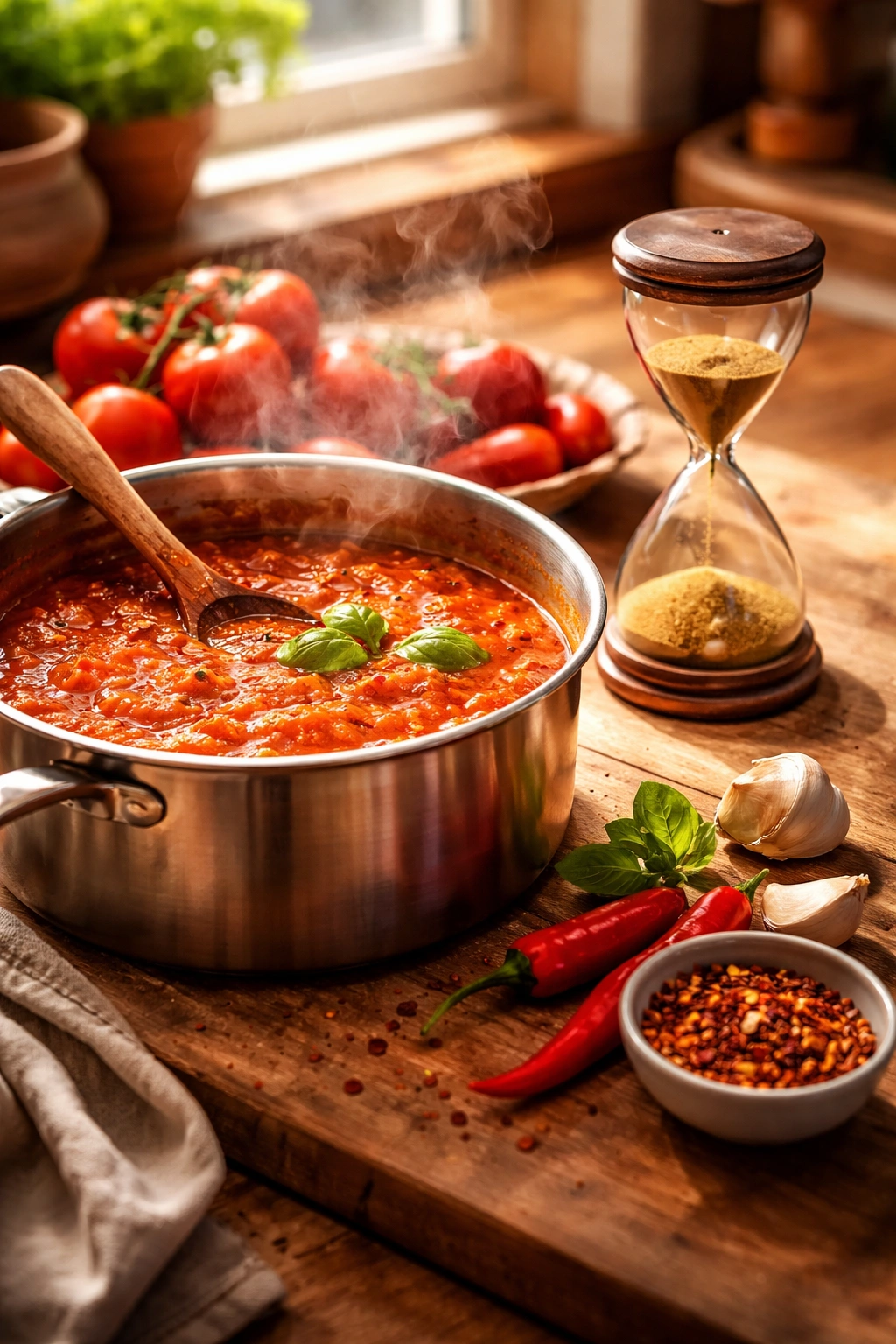 Pot of sauce with an hourglass on a wooden counter