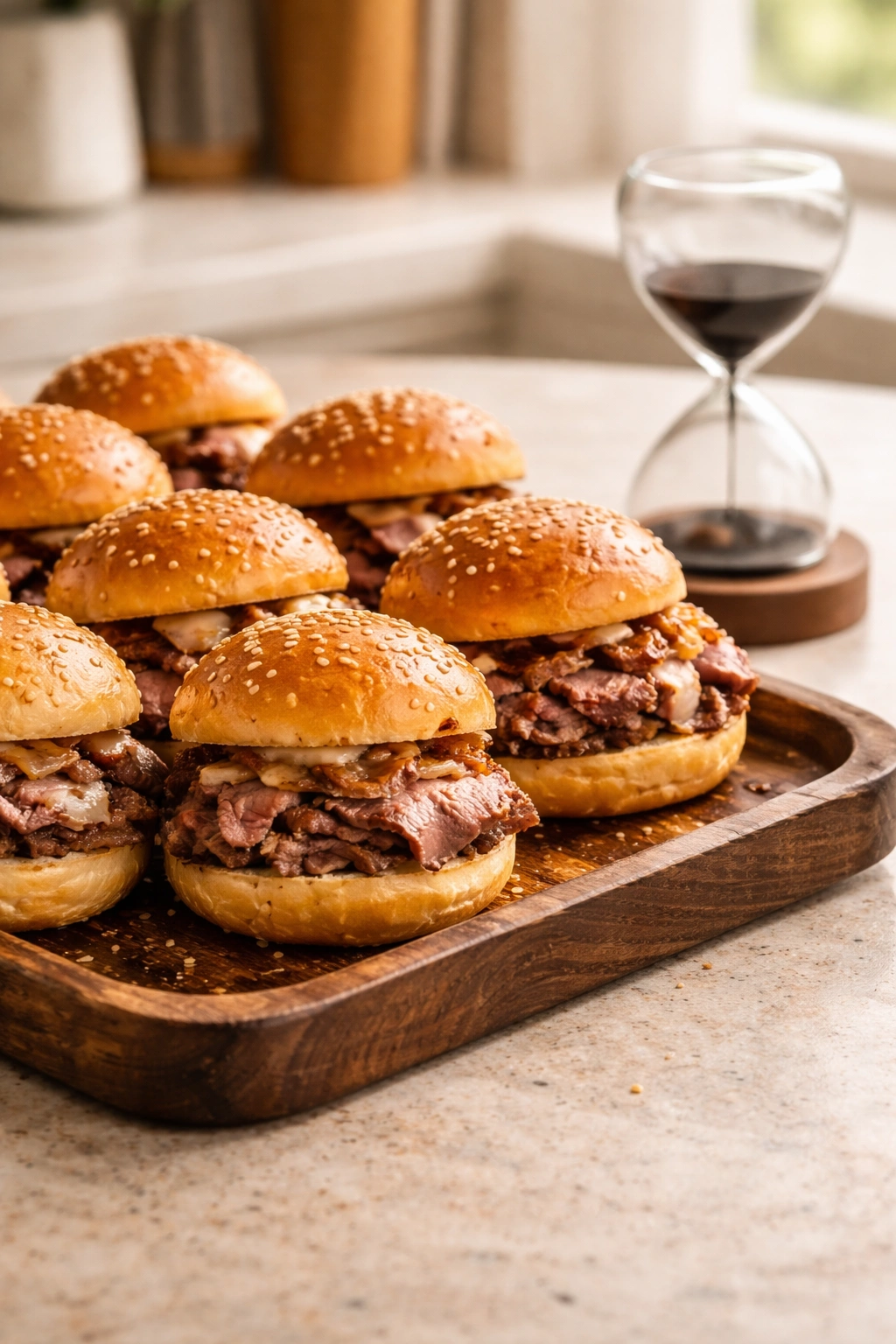 Tray of bite-sized roast beef sliders beside an hourglass timer on a clean counter