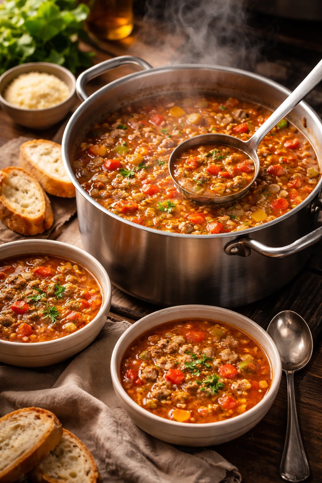 Soup in pot with bowls and ladle ready to serve on a rustic table